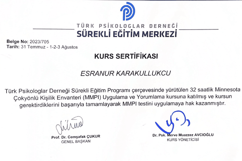 Türk Psikologlar Derneği - MMPI testi uygulama ve yorumlama