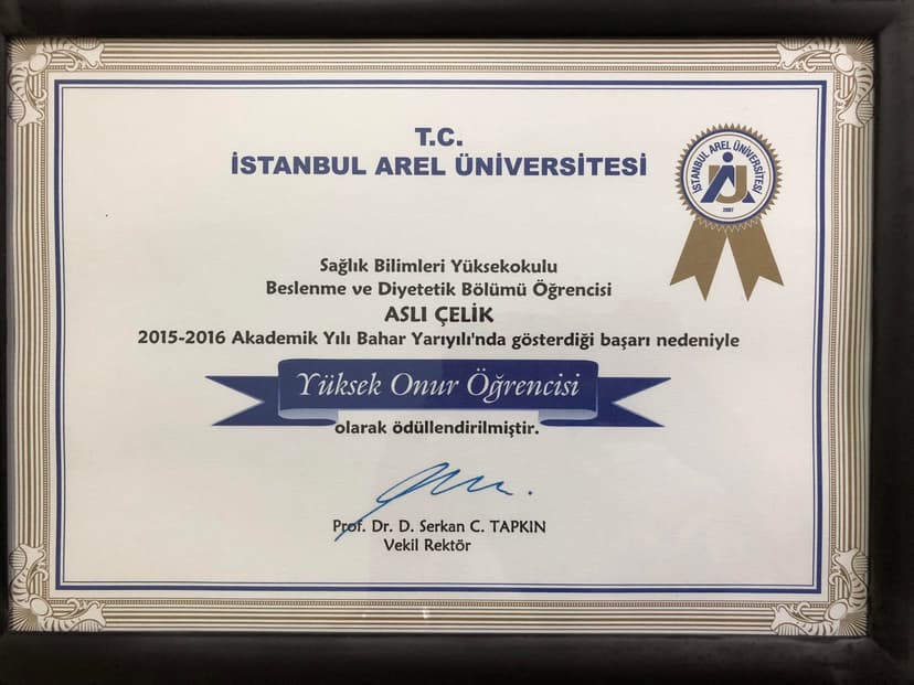 İstanbul Arel Üniversitesi Yüksek Onur Öğrencisi Sertifikası