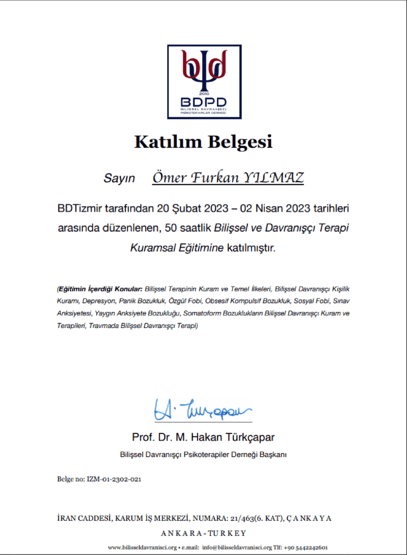 Bilişsel ve Davranışçı Terapi  Kuramsal Eğitimi