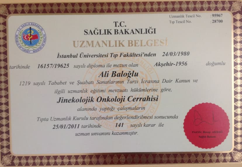 İstanbul Üniversitesi Uzmanlık Belgesi