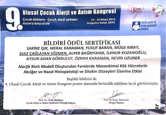 9.Çocuk Alerji ve Astım Kongresi Bildiri Ödülü