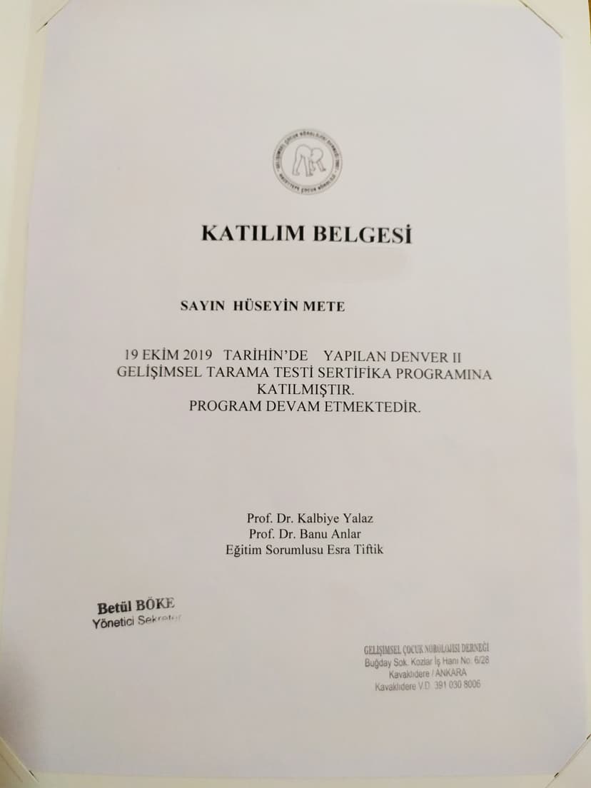 Denver 2 Gelişimsel Tarama Testi uygulayıcı Sertifikası