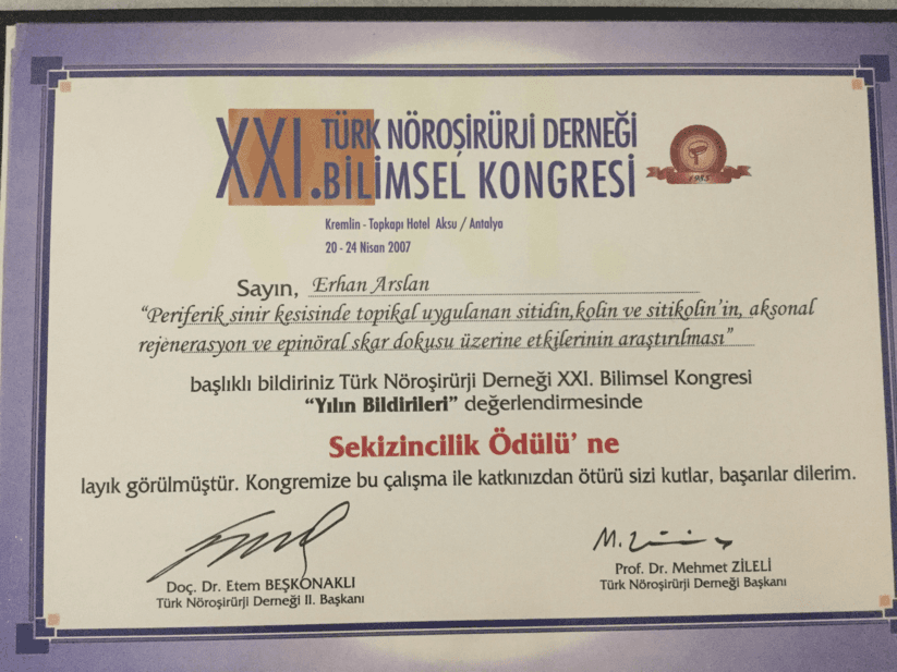 XXI. Türk Nöroşirürji Derneği Bilimsel Kongresi Yılın Bildirileri Sekizincilik Ödülü