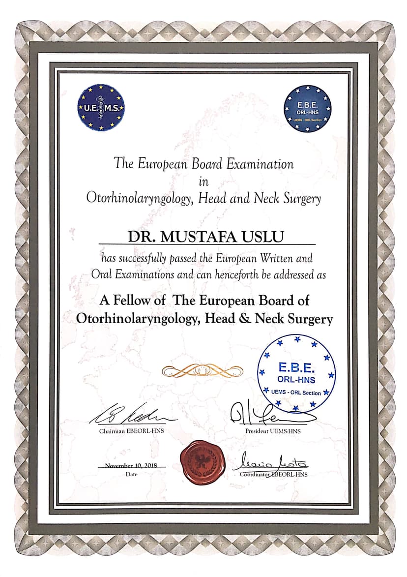 European Board of Otolaryngology Certificate