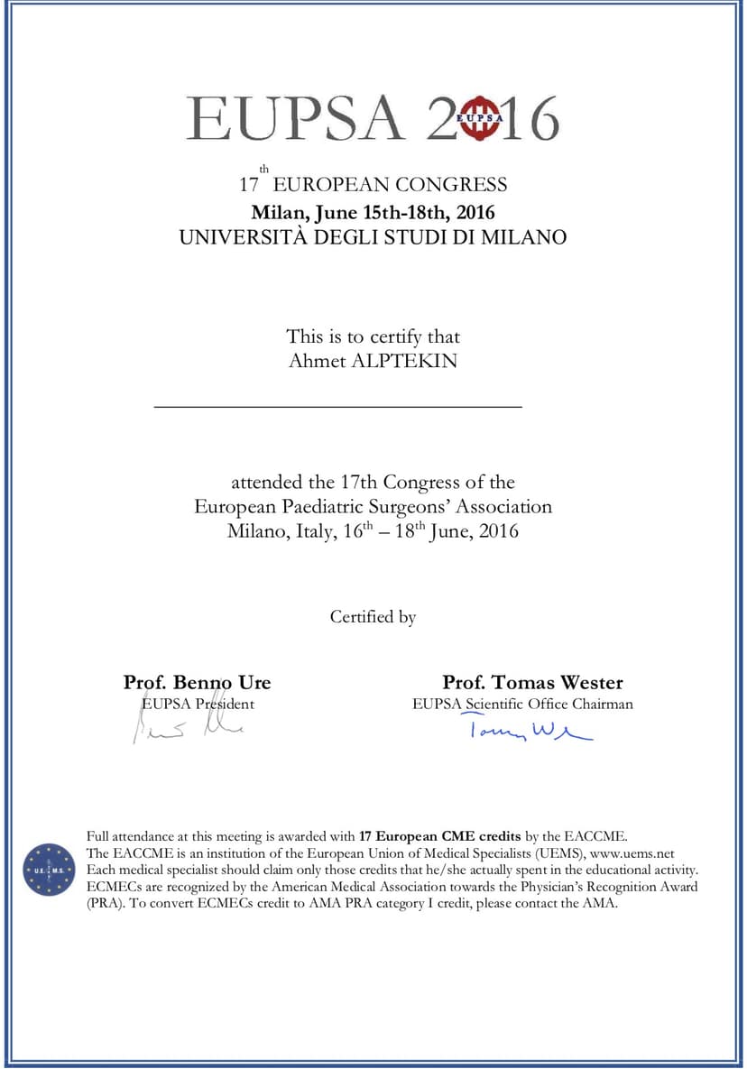 Eupsa Congress certificate - Milan, 15-18 June 2016