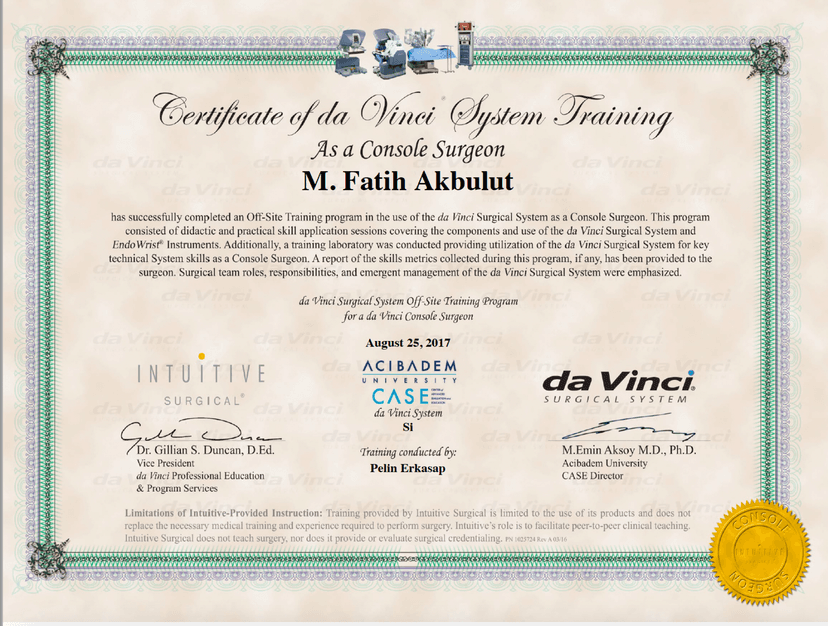 Robotik Cerrahi Konsol Sertifikası
