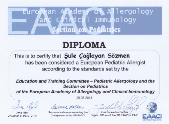 Avrupa Alerji ve Klinik İmmunoloji Akreditasyon Belgesi(Diploma)