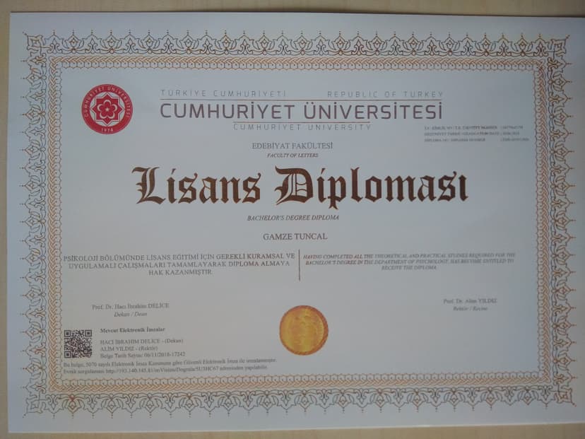 PSİKOLOJİ LİSANS DİPLOMASI (2014-2018)