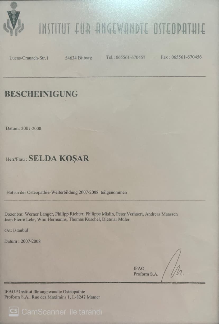 2. TİFAO-(Institut für angewandte osteopathie) (Uygulamalı Osteopati Enstitüsü) 2007-2008 1. yıl