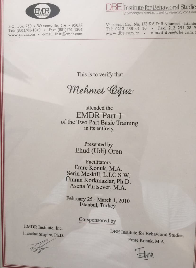 Davranış Bilimleri Enstitüsü EMDR I. Aşama Terapist Sertifikası ( EMDR institute Onaylı)