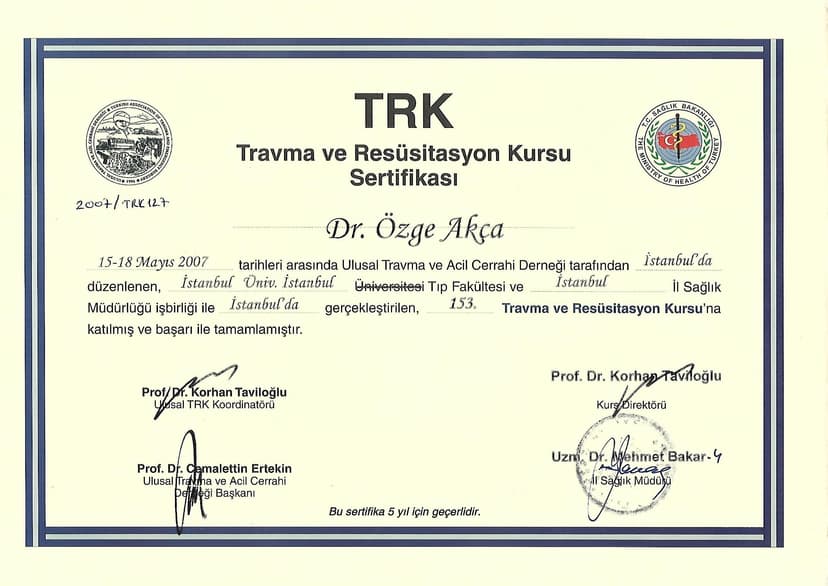 TRAVMA VE RESÜSİSTASYON SERTİFİKASI