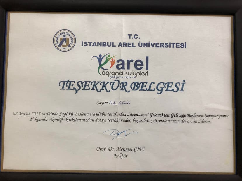 İstanbul Arel Üniversitesi Teşekkür Belgesi