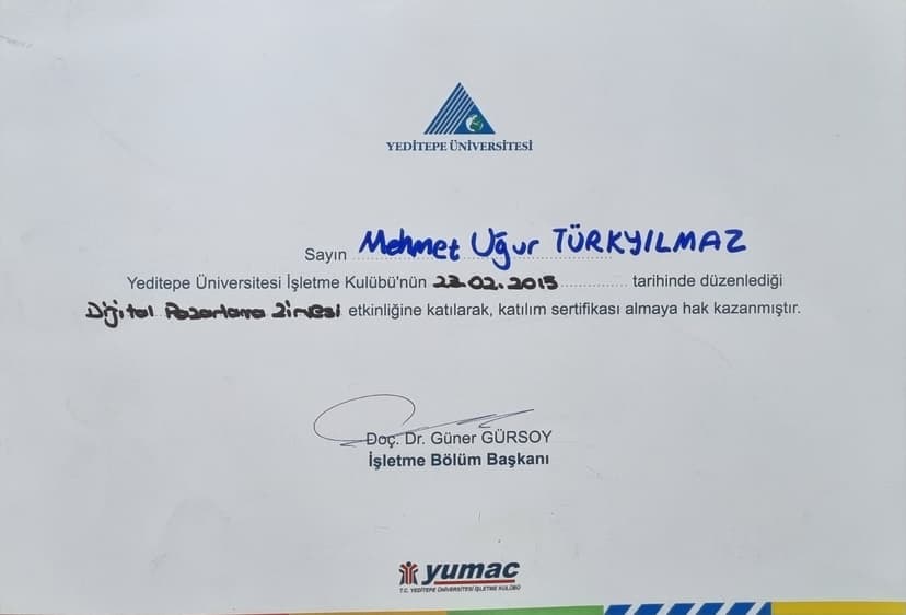 Yeditepe Üniversitesi İşletme Kulübü: Dijital Pazarlama Zirvesi Katılım Belgesi