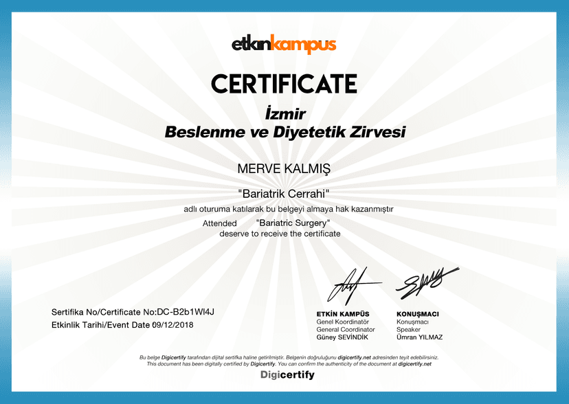 Digicertify Bariatrik Cerrahi Etkinliği Katılım Sertifikasi