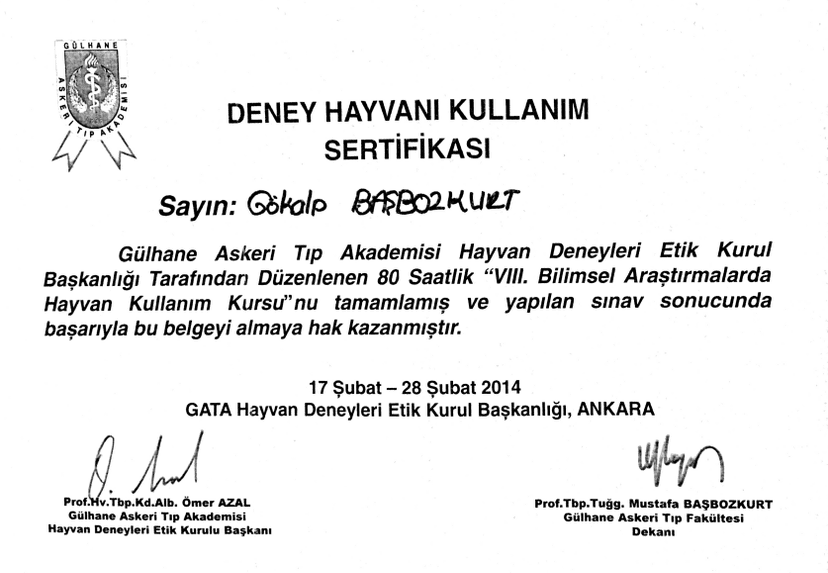 Deney Hayvanı Kullanım Sertifikası