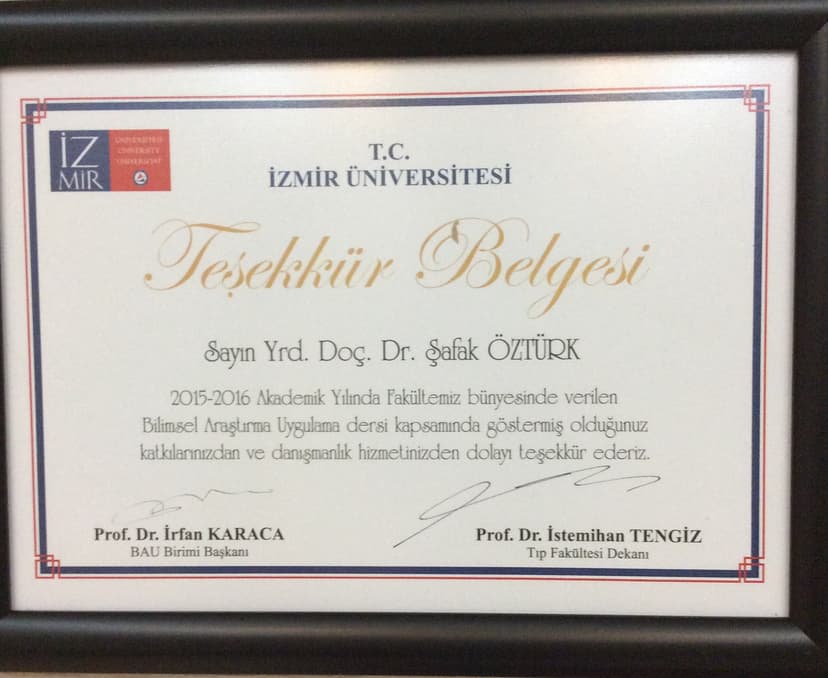 İzmir Ünv. Teşekkür Belgesi