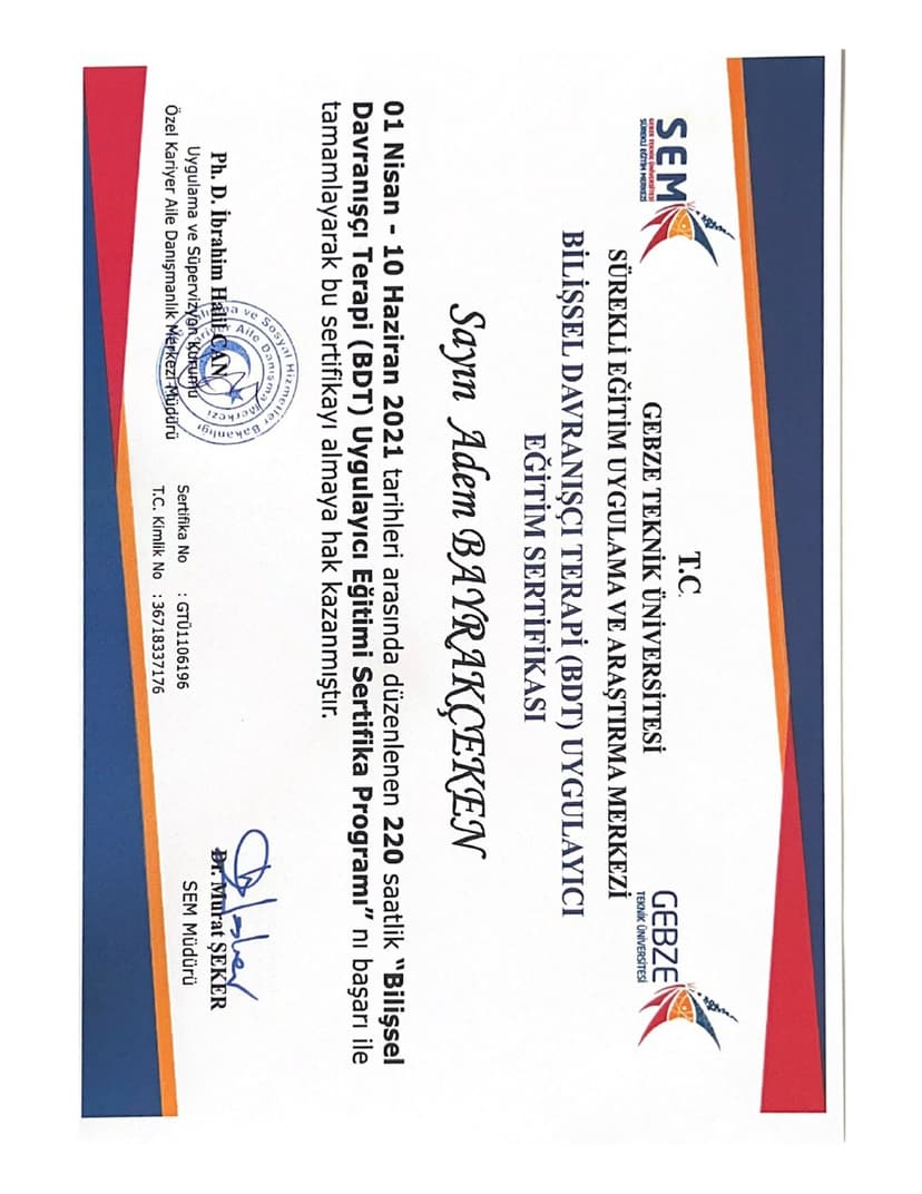 Bilişsel Davranışçı Uygulayıcı Eğitim Sertifikası