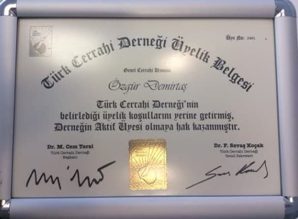 Türk Cerrahi Derneği Üyelik Belgesi