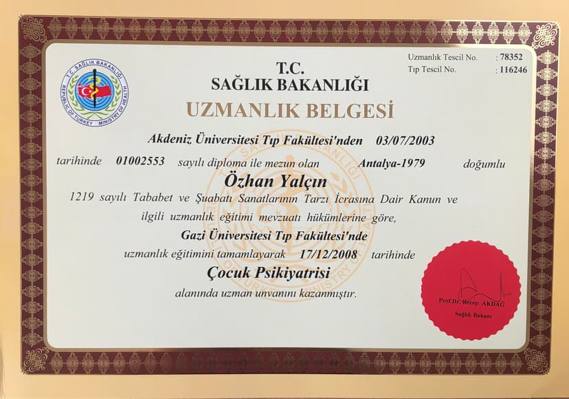 Çocuk ve Ergen Psikiyatrisi Uzmanlık Belgesi-Aralık 2008-Gazi Üniversitesi Tıp Fakültesi