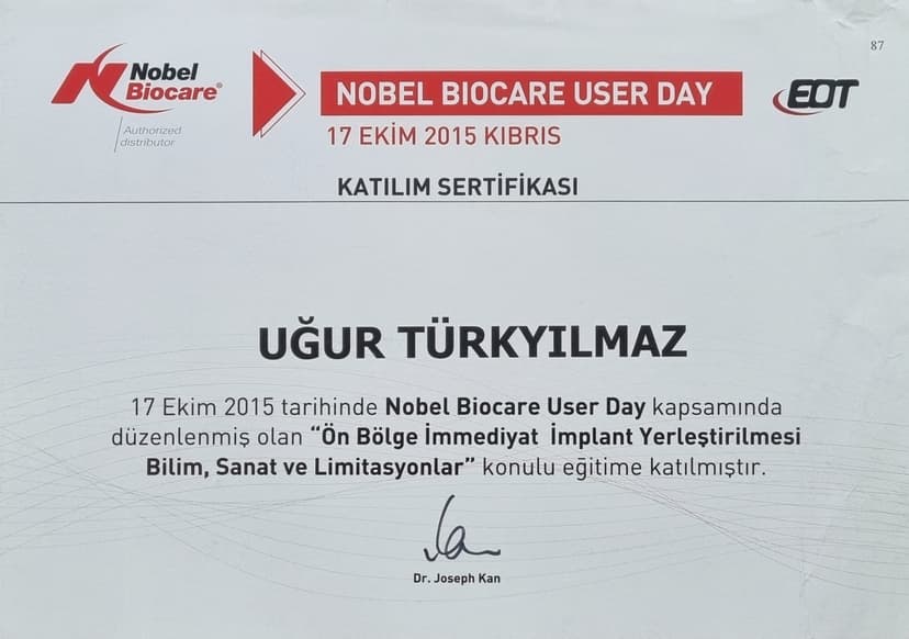 Nobel Biocare: Ön Bölge İmmediat İmplant Yerleştirilmesi Bilim, Sanat ve Limitasyonlar Konulu Eğitimi Katılım Sertifikası