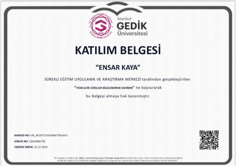 Psikolojik Süreçler Bilgilendirme Serifikası