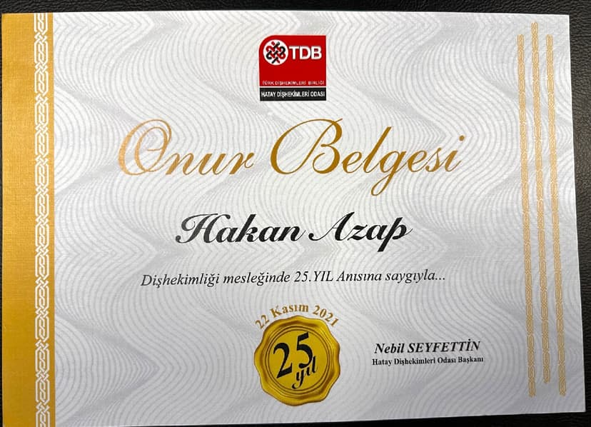 TÜRK DİŞ HEKİMLERİ BİRLİĞİ 25. YIL ONUR BELGESİ