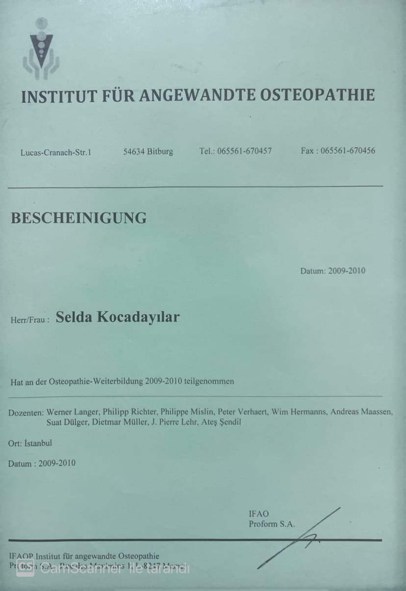 4. TİFAO-(Institut für angewandte osteopathie) (Uygulamalı Osteopati Enstitüsü) 2009-2010 3. yıl