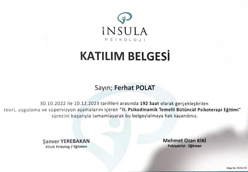 Bütüncül Psikoterapi Katılım Belgesi