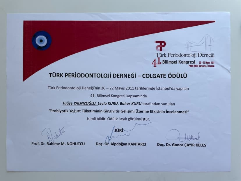 Periodontoloji Derneği 1.lik Ödülü