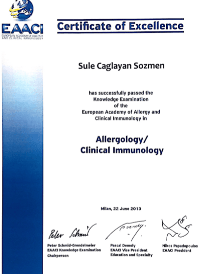 Avrupa Alerji ve Klinik İmmunoloji Derneği Board Sınav Belgesi