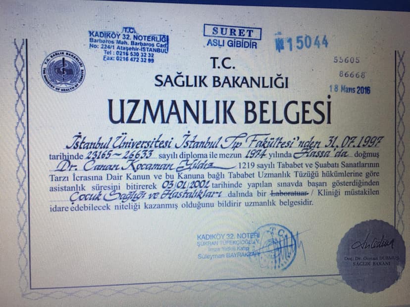 İstanbul Üniversitesi İstanbul Tıp Fakültesi Uzmanlık Belgesi