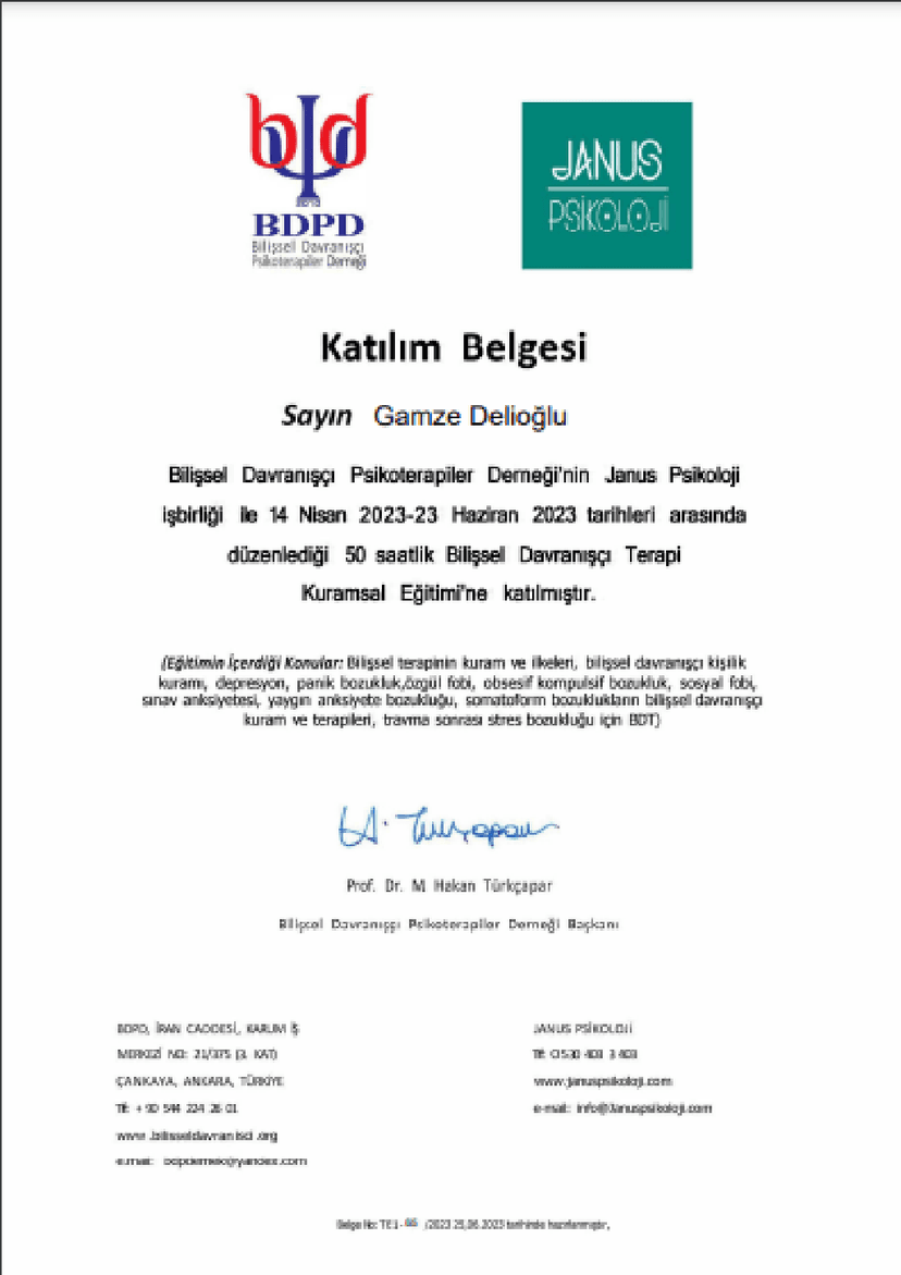 Bilişsel Davranışçı Terapi Katılım Belgesi