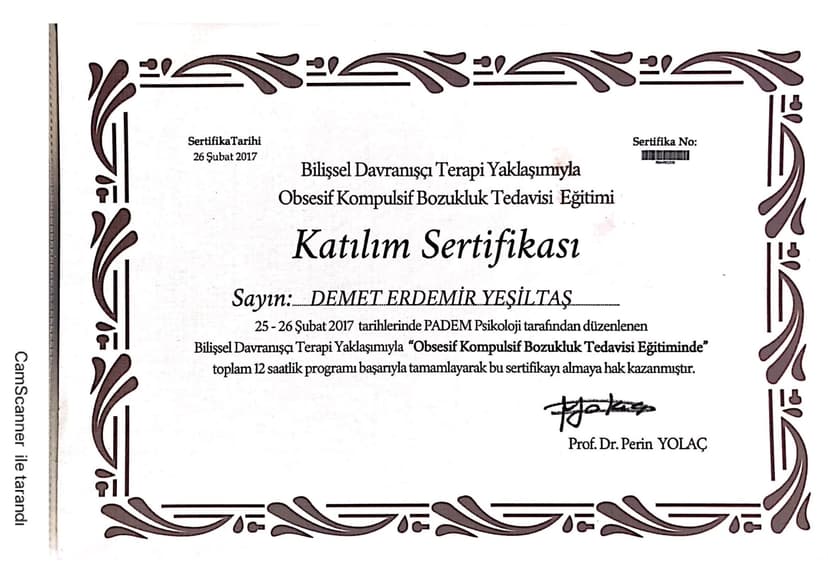 Bilişsel Davranışçı Terapi Yaklaşımıyla Obsesif Kompülsif Bozukluk Tedavisi Eğitimi