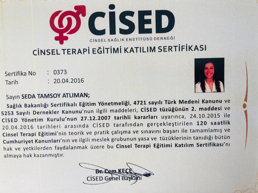 Cinsel Terapi Eğitimi Katılım Sertifikası