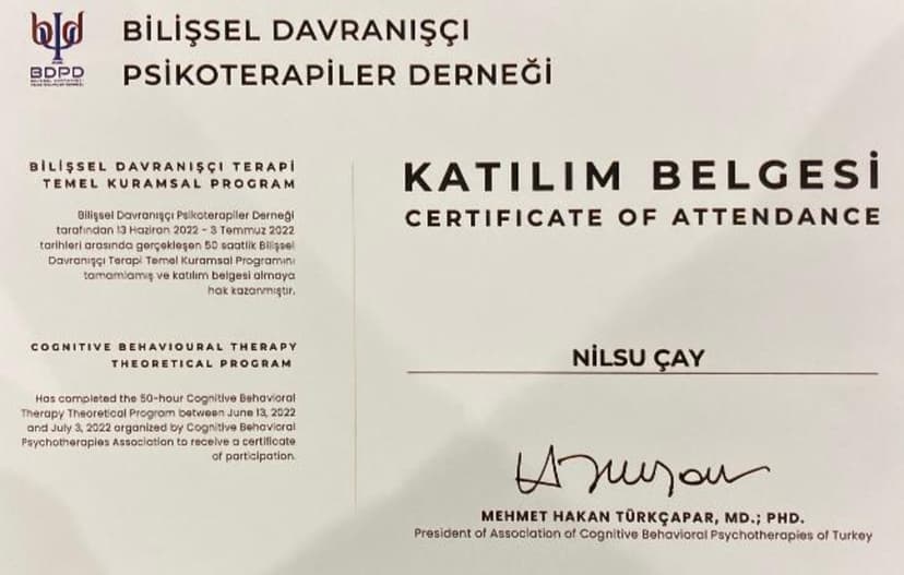 Bilişsel Davranışçı Terapi Temel Kuramsal Programı Katılım Belgesi