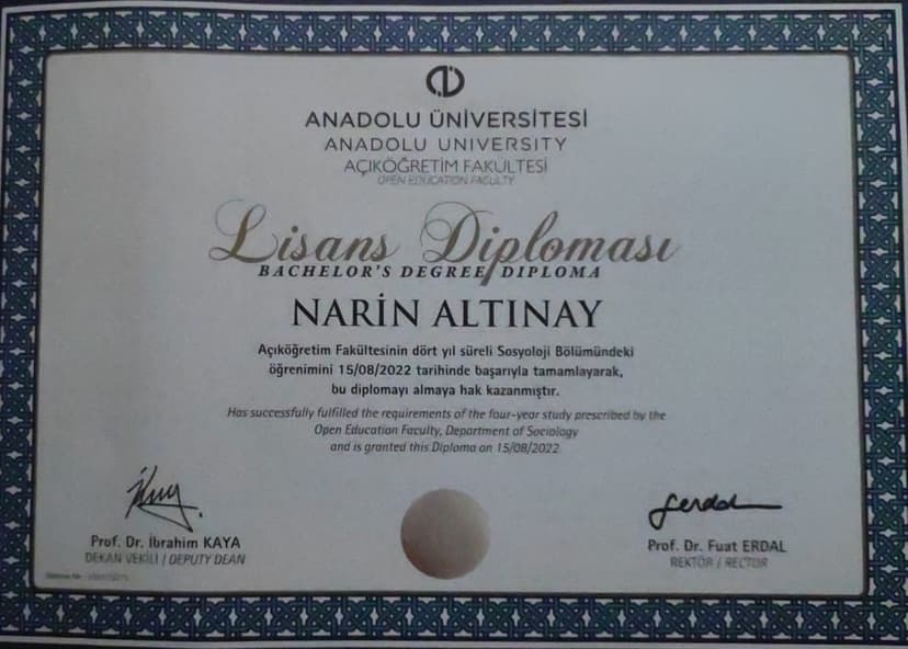 Anadolu Üniversitesi Sosyoloji Lisans Diploması