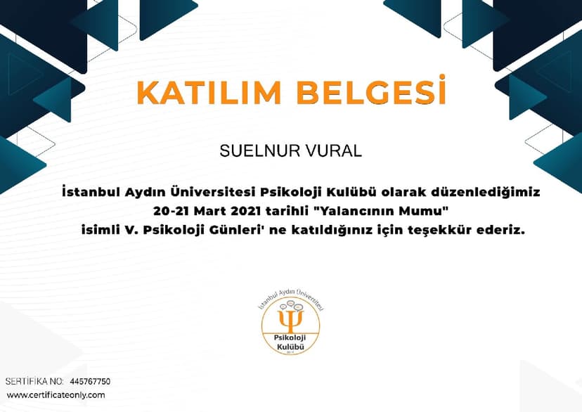 İstanbul Aysın Üniversitesi Psikoloji Günleri Katılım Sertifikası