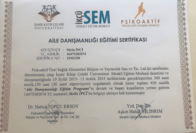 AİLE DANIŞMANLIĞI EĞİTİMİ SERTİFİKASI