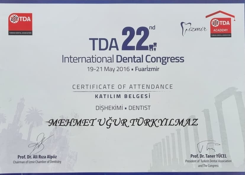 22. Türk Diş Hekimleri Birliği Katılım Belgesi