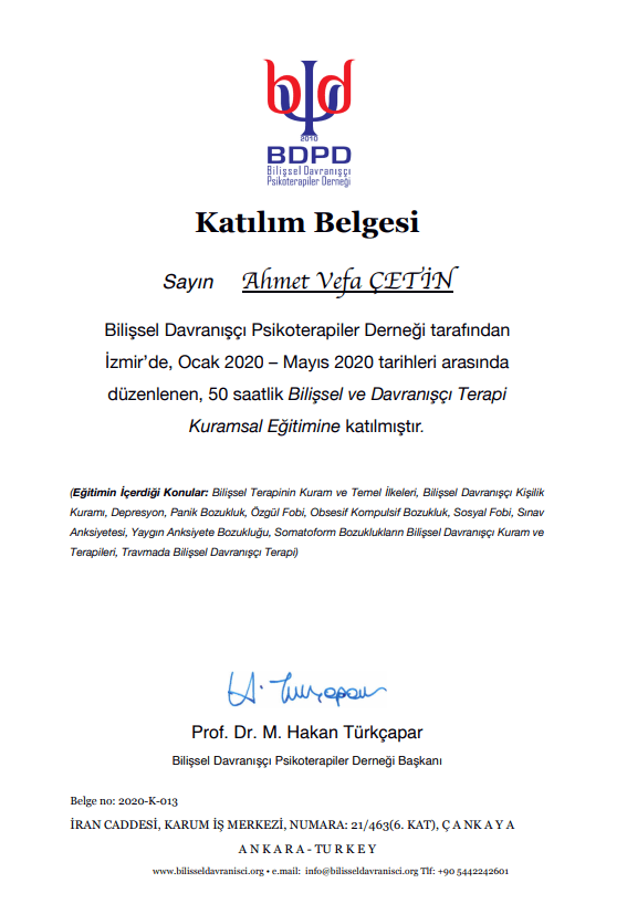 Bilişsel Davranışçı Terapi Teorik Eğitimi